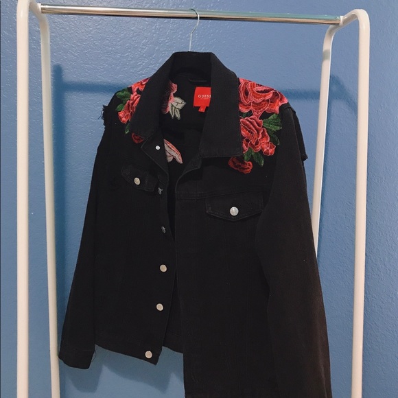 black denim jacket with rose embroidery